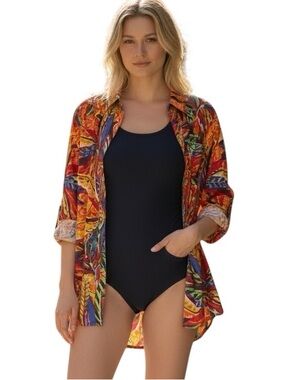 True Destinations boho tropical red floral button down tunic shirt coverup top M